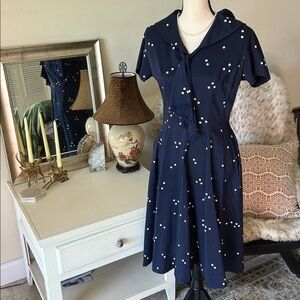Vintage navy polkadot handmade USA crown zipper sailor short sleeve midi dress 6